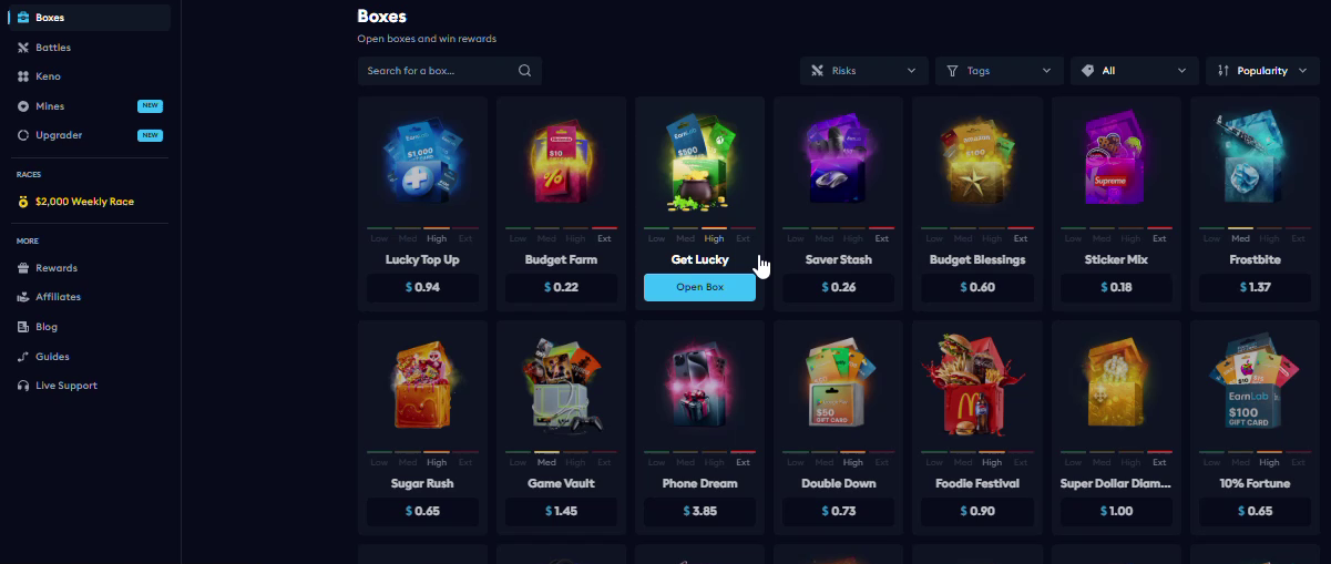 EarnLab Games navigation and boxes listed with prices and risk labels