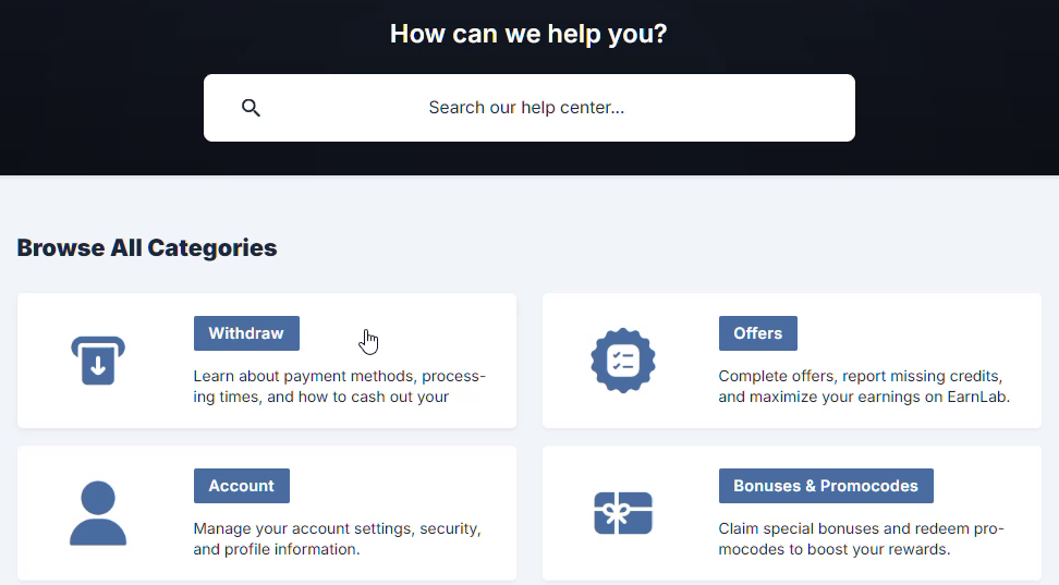 EarnLab help centre search and Withdraw, Offers, Account and Bonuses and Promocodes categories