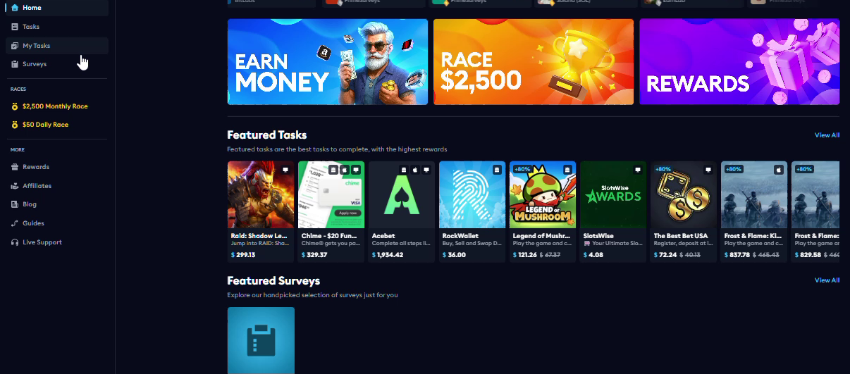 EarnLab home screen with navigation, featured tasks and surveys