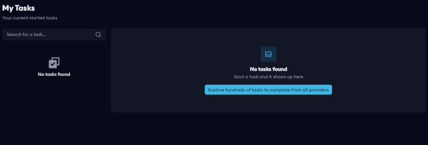 EarnLab My Tasks screen with an empty task list