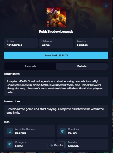 Recorded Raid Shadow Legends offer details, including new-player language and device and country fields