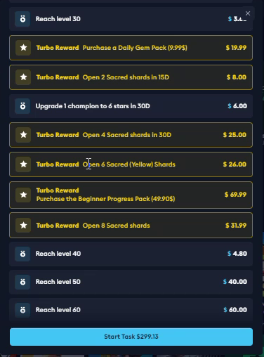Recorded task milestones with separate actions, time limits and purchase requirements