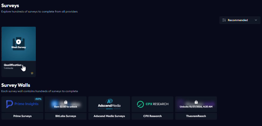 EarnLab survey screen with a qualification tile and separate survey walls