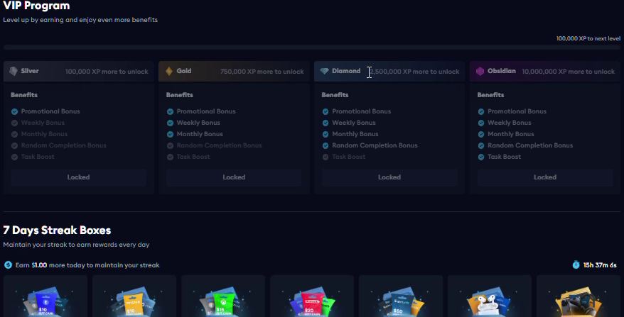 EarnLab VIP tiers and the start of the streak-box section