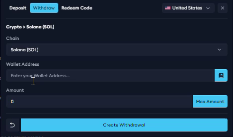 Recorded Solana withdrawal form with chain, wallet address, amount and Create Withdrawal fields