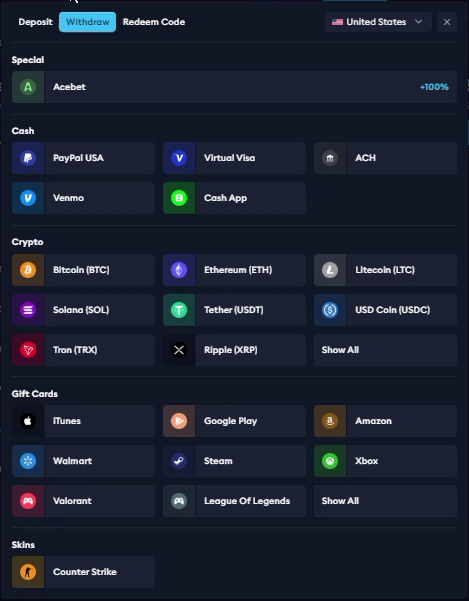 EarnLab Wallet Withdraw menu with United States selected and cash, crypto, gift card and skin categories